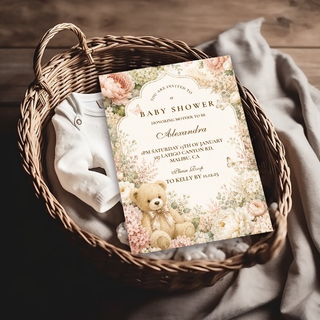 Invitation Fête de naissance ourson floral botanique (Créateur téléchargé)