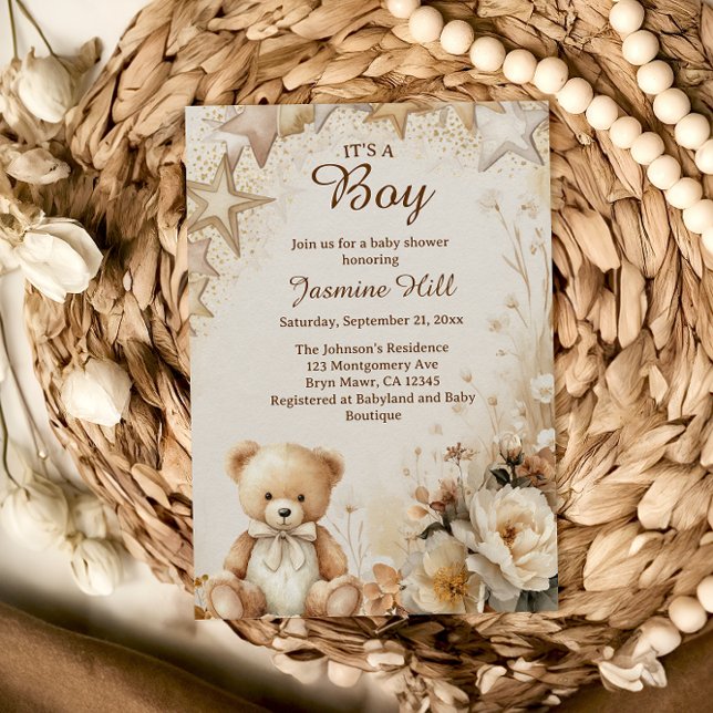 Invitation Fête de naissance Ourson Floral C'est un Garçon (Créateur téléchargé)