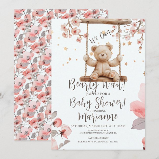 Invitation Fête de naissance ourson floral chinois fille (Devant / Derrière)
