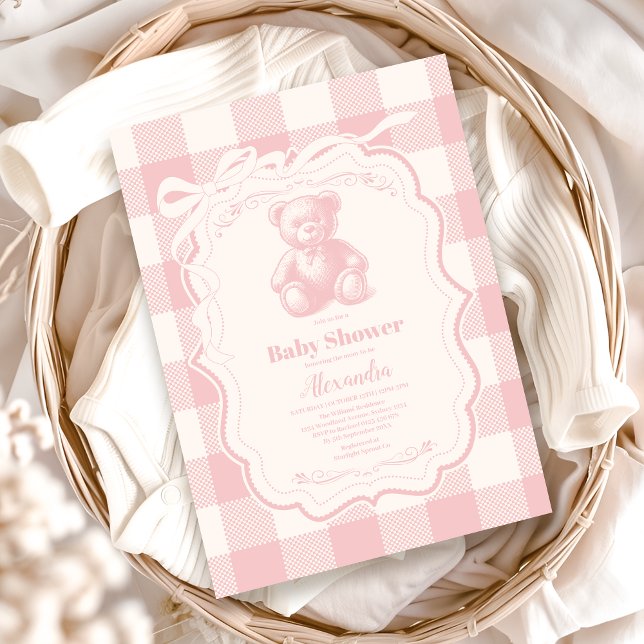 Invitation Fête de Naissance Ourson Français Coquette Gingham (Créateur téléchargé)