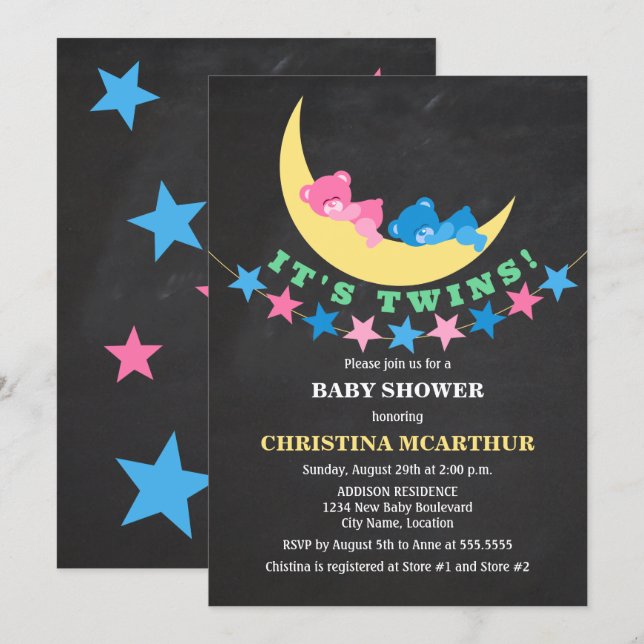 Invitation Fête de naissance ourson jumeaux fille et garçon (Devant / Derrière)