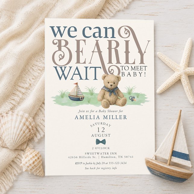 Invitation Fête de Naissance Ourson Marin à Peine Attendre (Nautical Can Bearly Wait Teddy Bear Baby Shower Invitation)