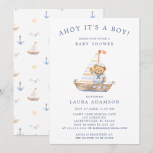 Invitation Fête de naissance ourson marin Ahoy C'est un garço
