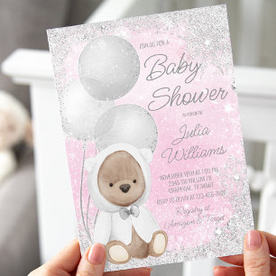 Invitation Fête de naissance ourson merveilleux hiver fille 