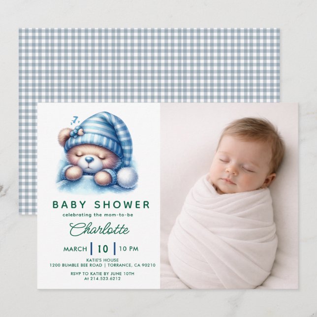 Invitation Fête de naissance Ourson Mignon (Devant / Derrière)