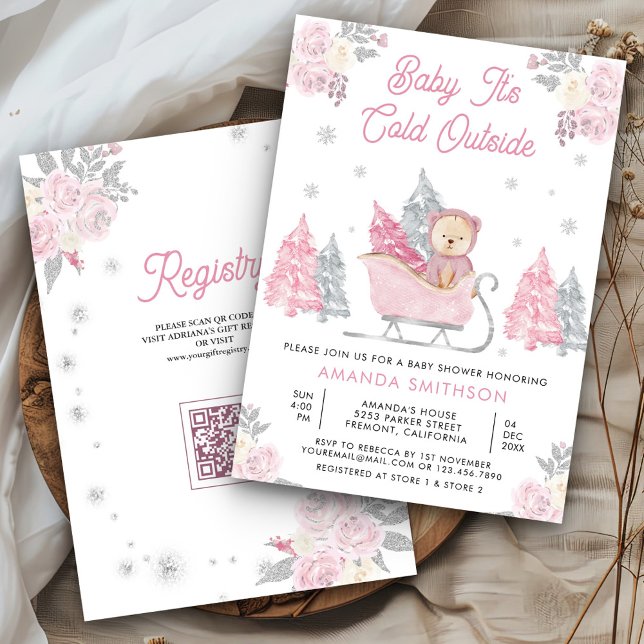 Invitation Fête de naissance ourson mignon traîneau rose (Créateur téléchargé)