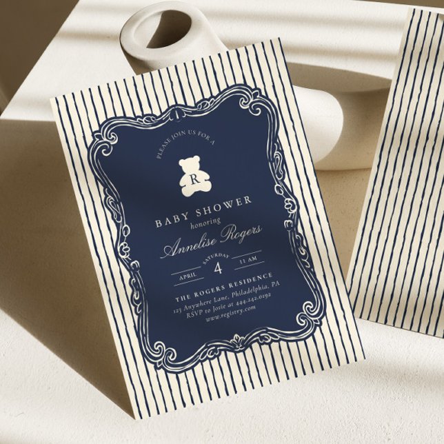 Invitation Fête de naissance Ourson Monogramme Bleu Marine Vi (Créateur téléchargé)