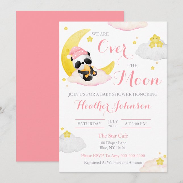 Invitation Fête de Naissance Ourson Panda Fille Bébé Lune (Devant / Derrière)