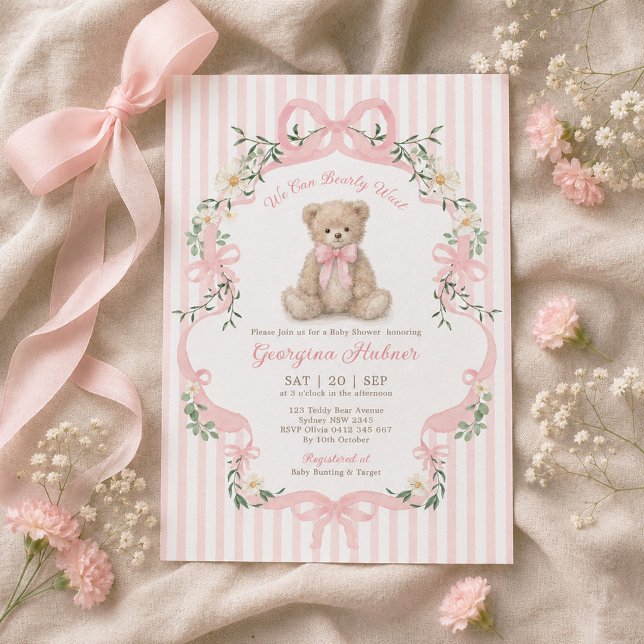 Invitation Fête de naissance ourson rayure rose pastel pour f (Créateur téléchargé)