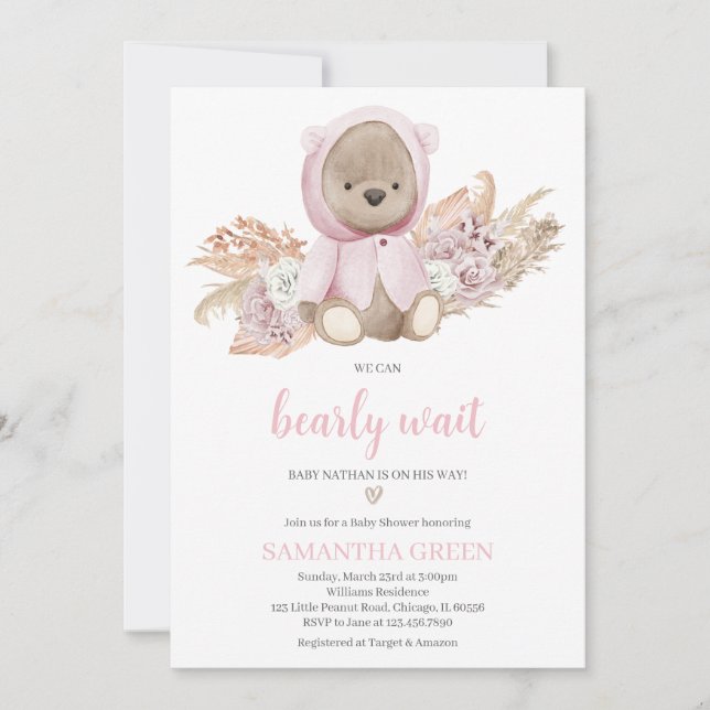 Invitation Fête de naissance Ourson Rose  (Devant)