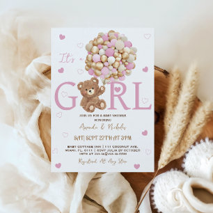 Invitation Fête de naissance Ourson Rose Ballons Fille