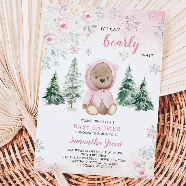 Invitation Fête de naissance ourson rose d'hiver (Créateur téléchargé)