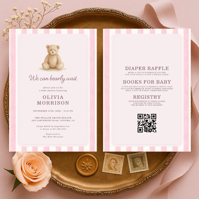 Invitation Fête de naissance Ourson Rose Tout en Un (Créateur téléchargé)