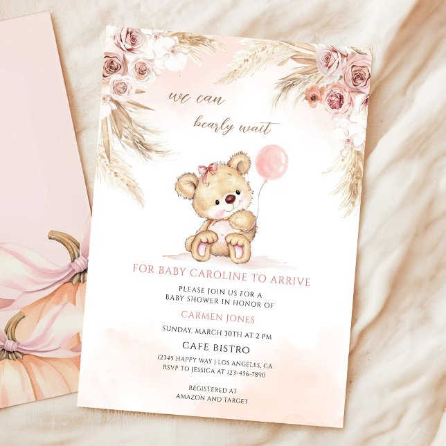 Invitation Fête de naissance Ourson Teddy Pampas Rose (Créateur téléchargé)
