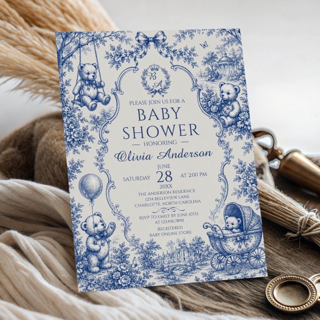 Invitation Fête de naissance Ourson Toile Bleue (Créateur téléchargé)