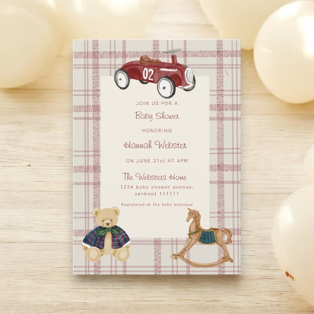 Invitation Fête de naissance Ourson Voiture Ancienne Bébé (Créateur téléchargé)