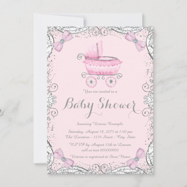 Invitation Fête de naissance Paillettes Rose et Gris (Devant)
