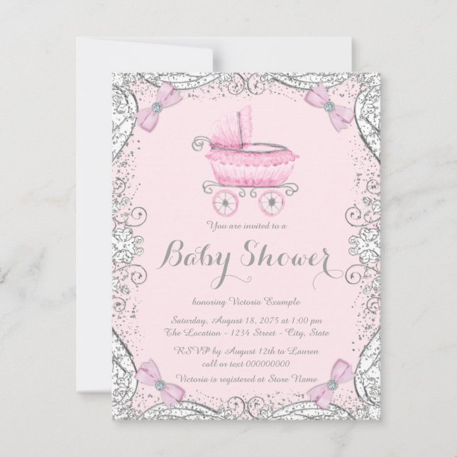 Invitation Fête de naissance Paillettes Rose et Gris (Devant)