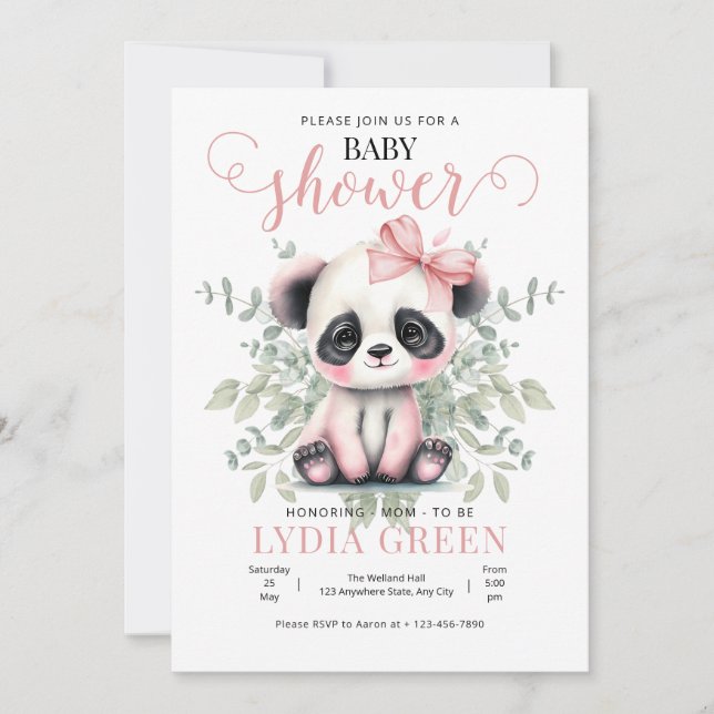 Invitation Fête de naissance Panda bébé verdure Fille fête de (Devant)