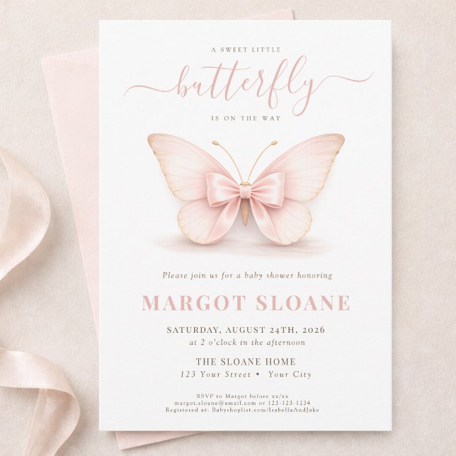 Invitation Fête de Naissance Papillon Coquette Rose Fille (Créateur téléchargé)