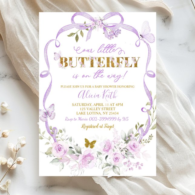 Invitation Fête de naissance papillon coquette ruban floral v (Créateur téléchargé)