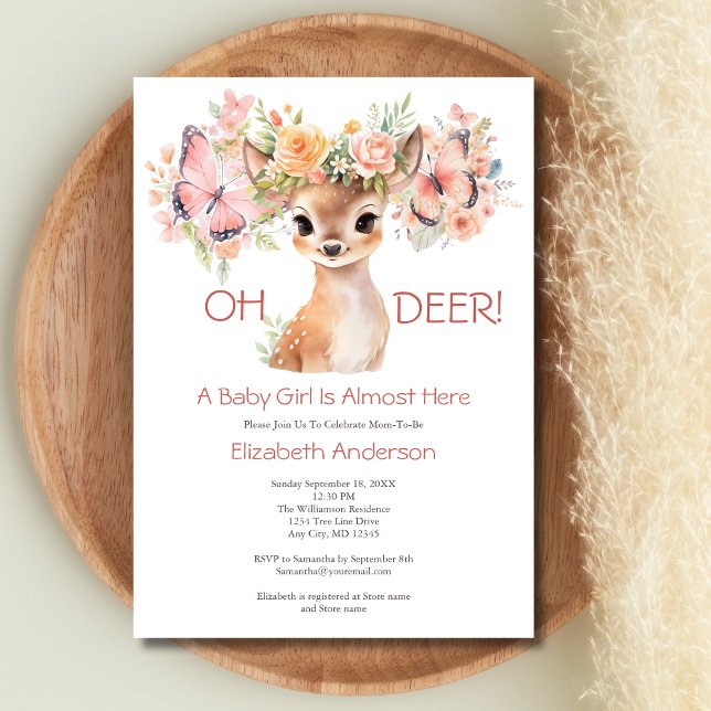 Invitation Fête de naissance papillon de cerf bébé floral ros (Baby Deer Butterflies Watercolor Pink Florals Baby Shower Invitation Woodland animals.)