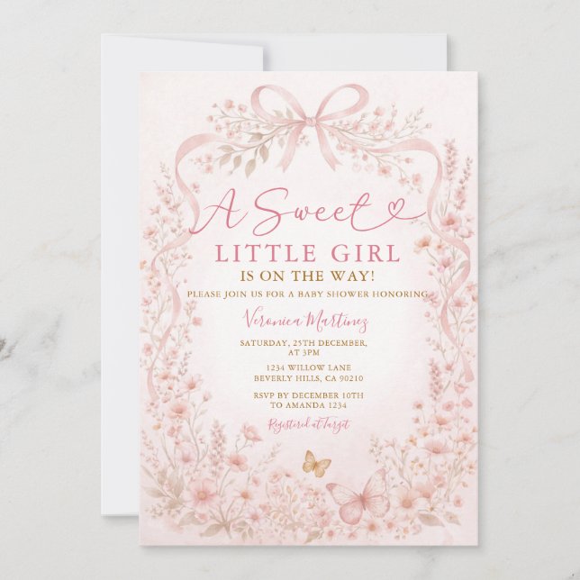 Invitation Fête de naissance Papillon Fleur Sauvage Petite Fi (Devant)