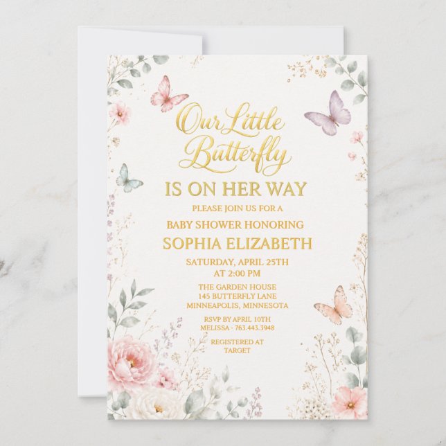 Invitation Fête de naissance papillon floral or bébé fille (Devant)