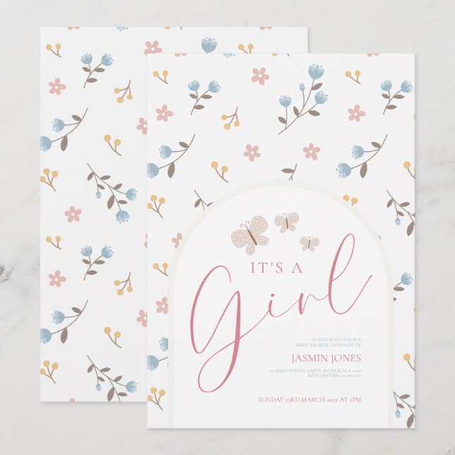 Invitation Fête de Naissance Papillon Floral Pastel Fille (Devant / Derrière)