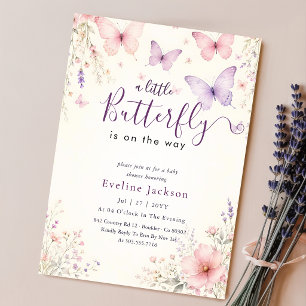 Invitation Fête de naissance papillon lavande florale rose vi