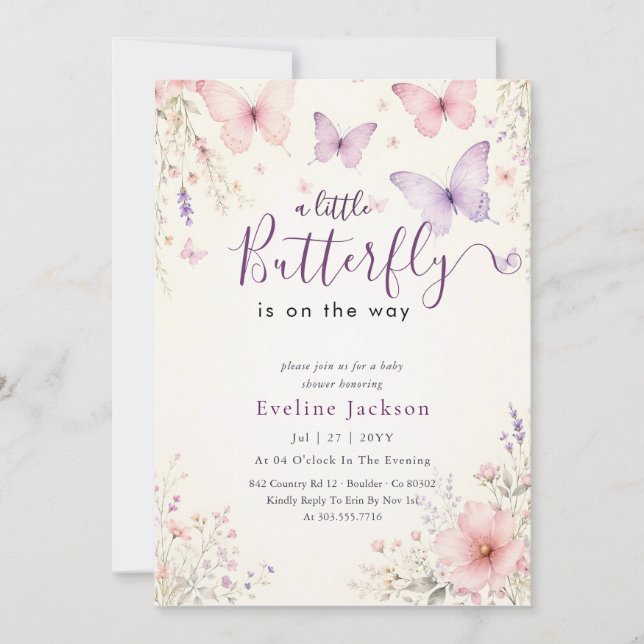 Invitation Fête de naissance papillon lavande florale rose vi (Devant)