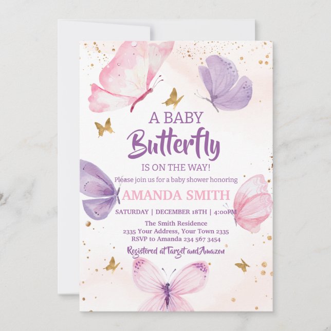 Invitation Fête de naissance Papillon Or Rose Violet Bébé Fil (Devant)