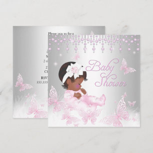 Invitation Fête de naissance Papillon Rose Argent Ethnique