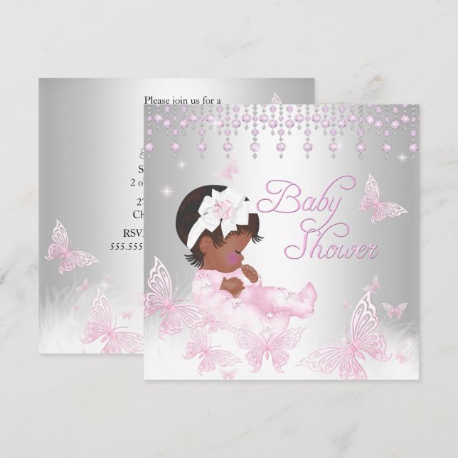 Invitation Fête de naissance Papillon Rose Argent Ethnique (Devant / Derrière)