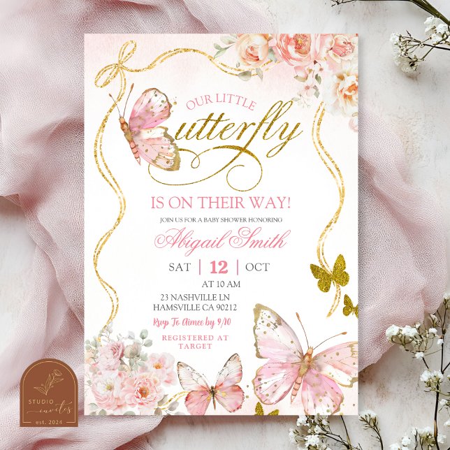 Invitation Fête de naissance Papillon Rose Coquette (Créateur téléchargé)
