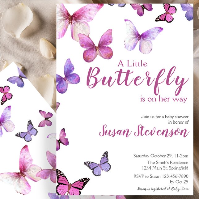 Invitation Fête de naissance Papillon Rose et Violet pour Béb (Créateur téléchargé)