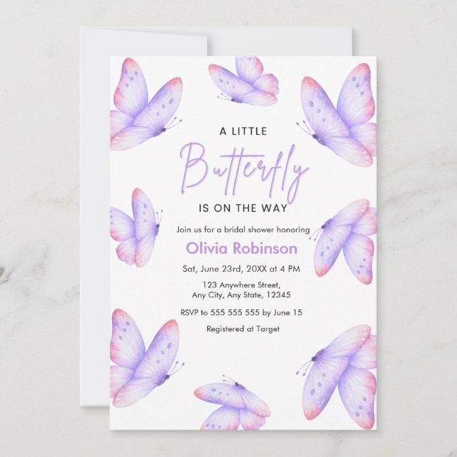 Invitation Fête de naissance Papillon Rose Violet Un Petit Pa (Devant)