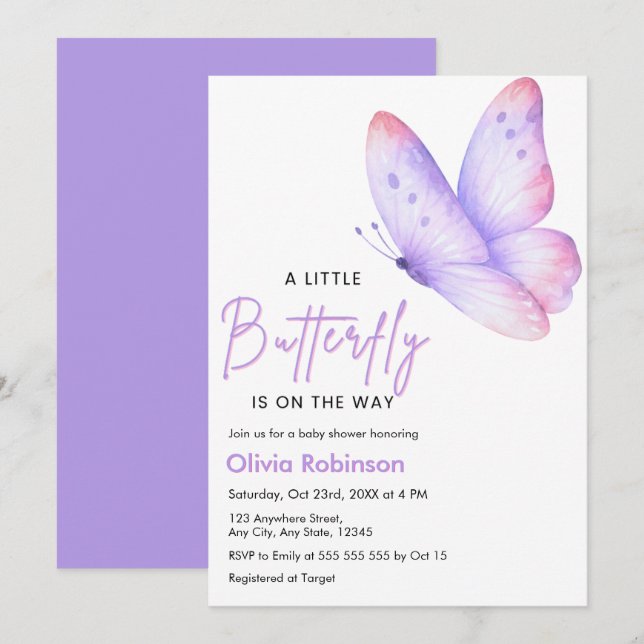 Invitation Fête de naissance Papillon Rose Violet Un Petit Pa (Devant / Derrière)