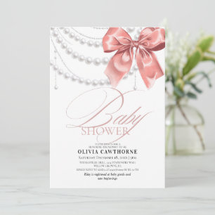 Invitation Fête de Naissance Perles Rose Pâle Élégant Ruban