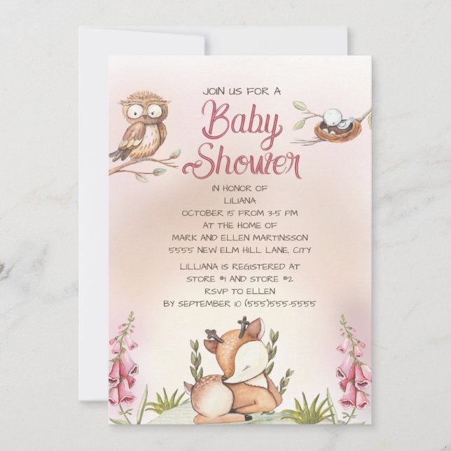 Invitation Fête de Naissance Petite Fille Animaux de la Forêt (Devant)