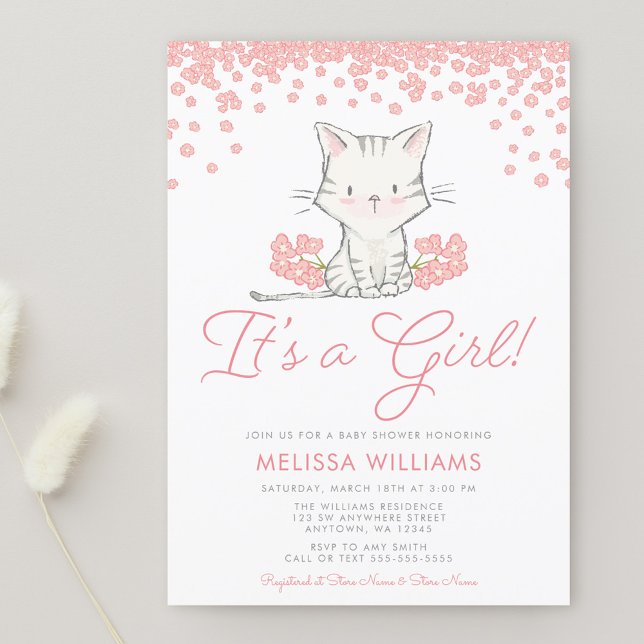 Invitation Fête de Naissance Petite Fille Kitten Fleurs Roses (Créateur téléchargé)
