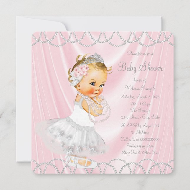 Invitation Fête de Naissance Petite Fille Satin Rose Perle (Devant)