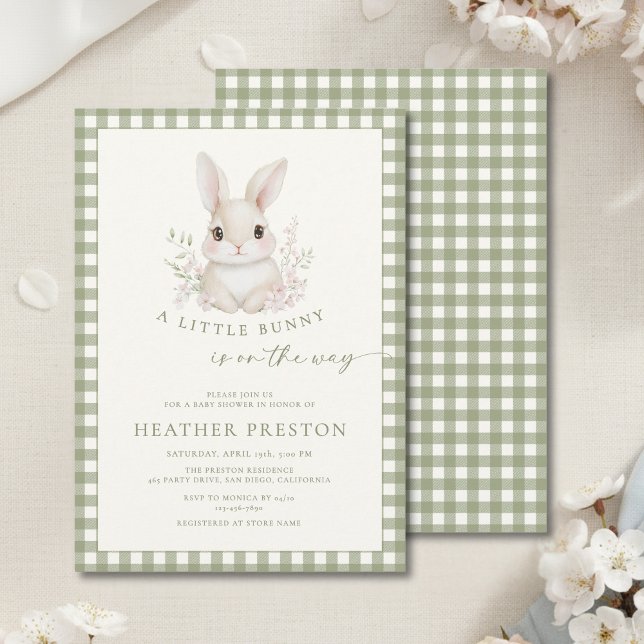 Invitation Fête de naissance Petite Lapin Vert Sauge à Carrea (Créateur téléchargé)