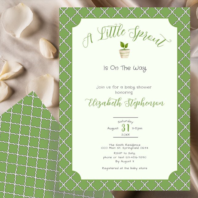 Invitation Fête de naissance Petite Pousse Vert Sauge Quatref (Créateur téléchargé)