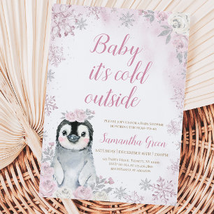 Invitation Fête de naissance Pingouin Argent Rose