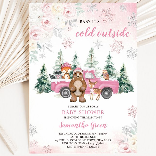 Invitation Fête de naissance Pink Winter Woodland Bébé (Créateur téléchargé)