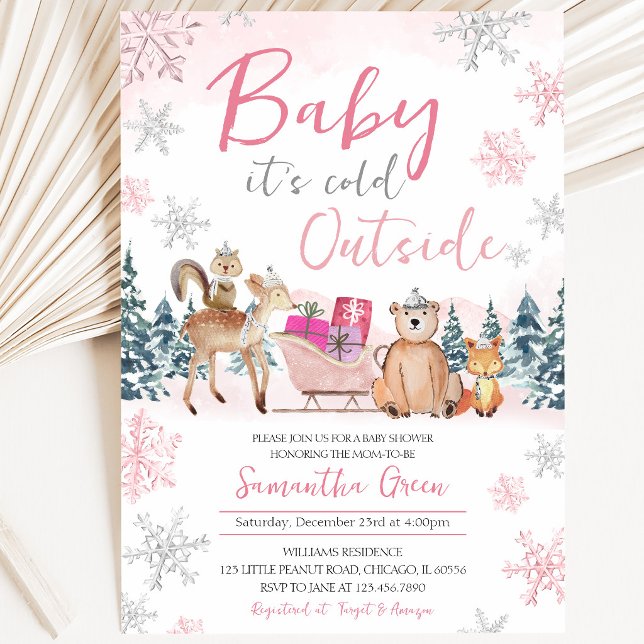 Invitation Fête de naissance Pink Winter Woodland pour bébé f (Créateur téléchargé)