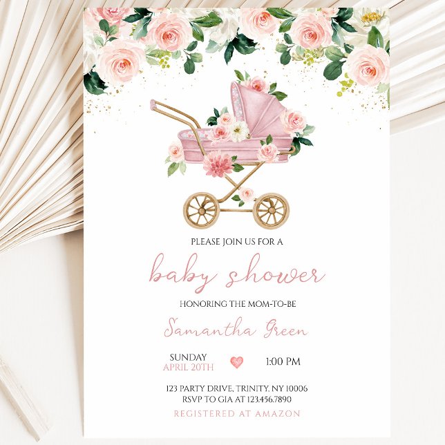 Invitation Fête de naissance pour bébé dans un landau rose (Créateur téléchargé)