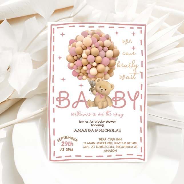 Invitation Fête de naissance pour bébé fille Ourson Rose (Créateur téléchargé)