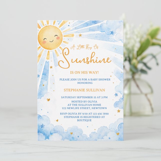 Invitation Fête de naissance pour bébé garçon Bleu & Or Aquar (Debout devant)